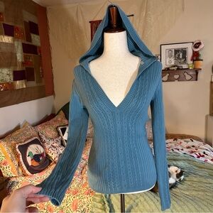 Old Navy Women's Teal V-Neck Sweater with Hood